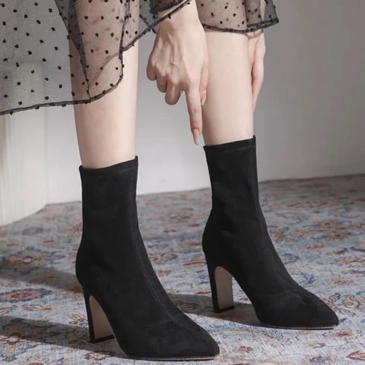 Women Boots Short High Heels Shoes for Women Autumn Winter Botas Mujer Ankle Boots Black Sock Women Heels Boots Female D220