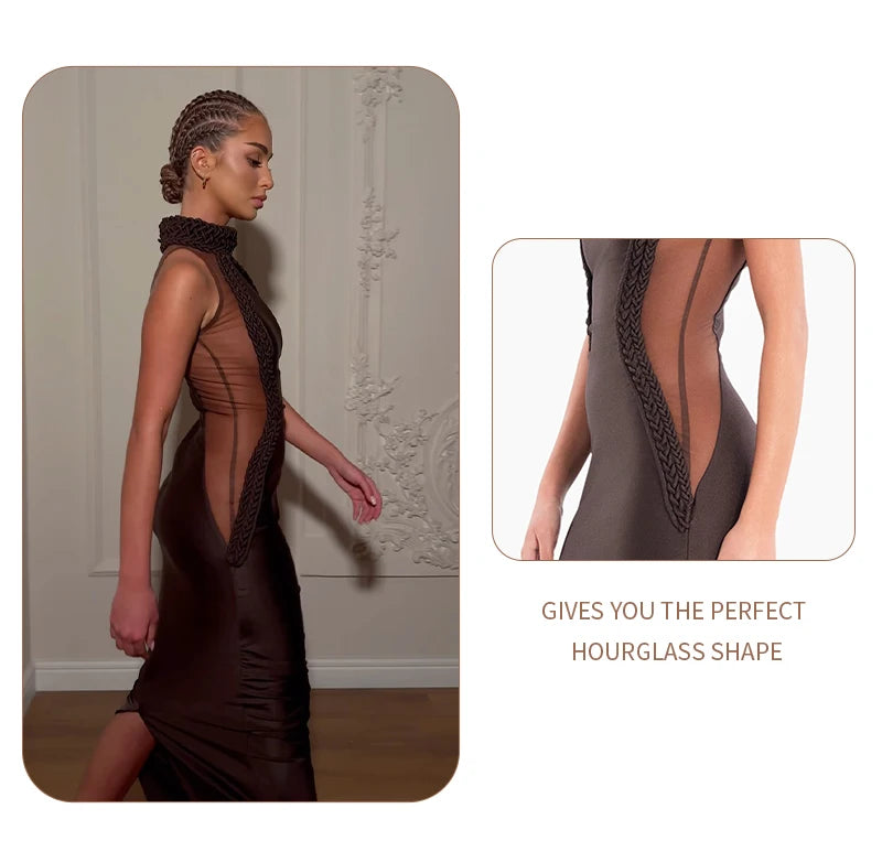 Luxury Sheer Corset Brown Long Dresses for Women – Long Sleeve High Neck See Through Bodycon Maxi Dress with Mesh Waist Detail