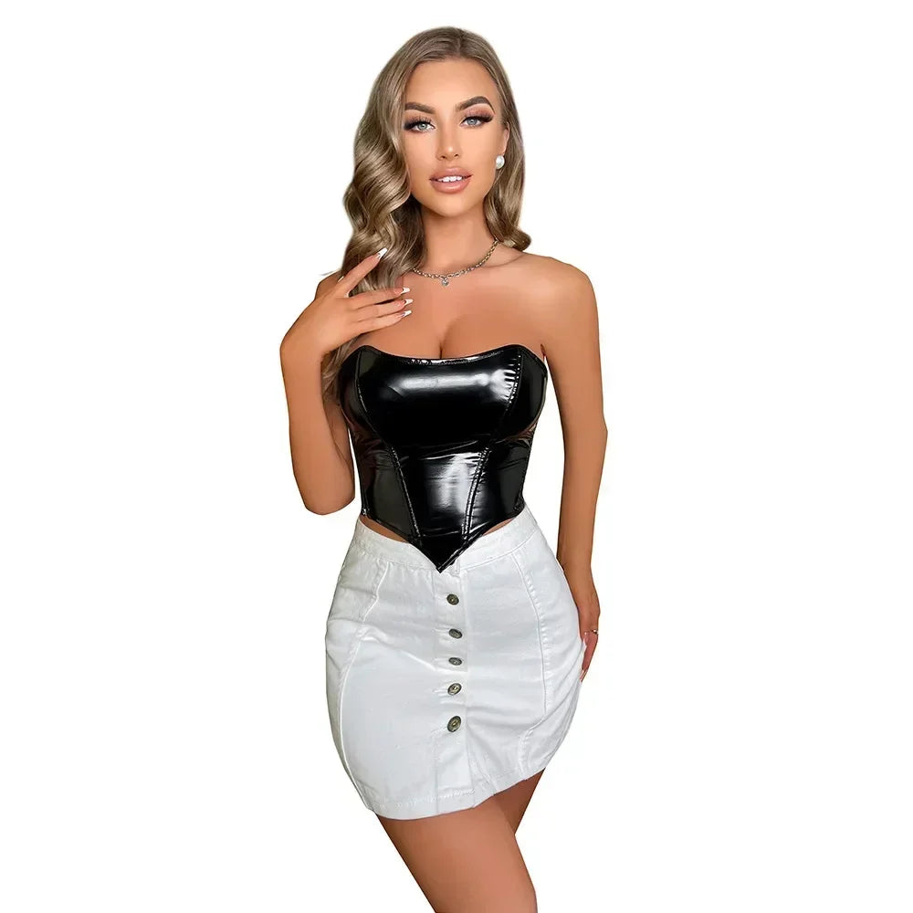Black Shiny PVC Leather Corset Crop Tops Camisole Underwear Female Bustier With Side Zipper Push Up Corselet Tube Top