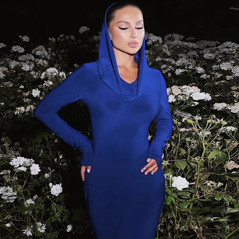 DSMTRC High Street Red Christma Hooded Long Sleeve Maxi Dress for Woman Slim Solid Bodycon Party Vestidos Elegant Autumn Dresses