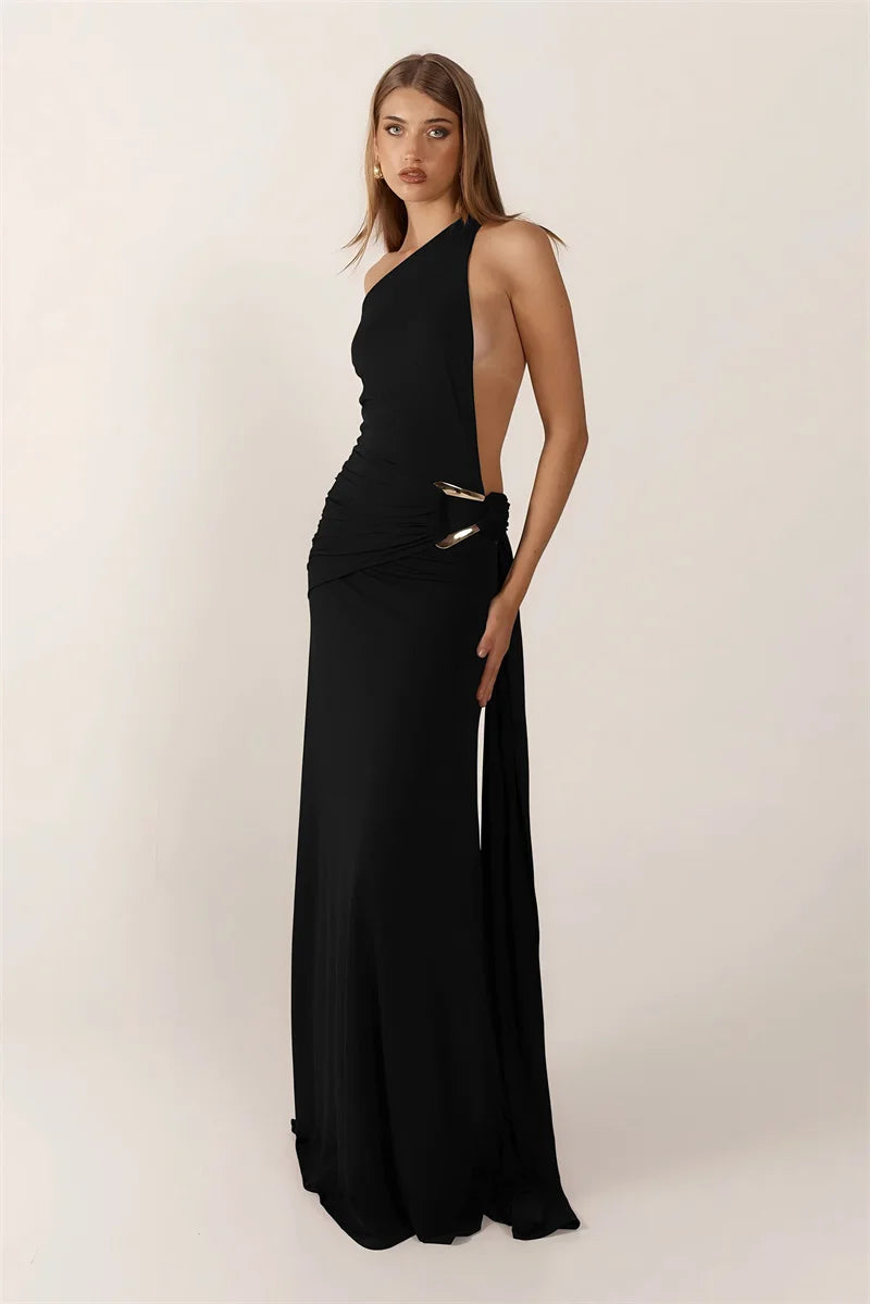 Mozision One Shoulder Backless Sexy Maxi Dress Women Gown Fashion Metal Buckle Diagonal Collar Sleeveless Draped Club Long Dress