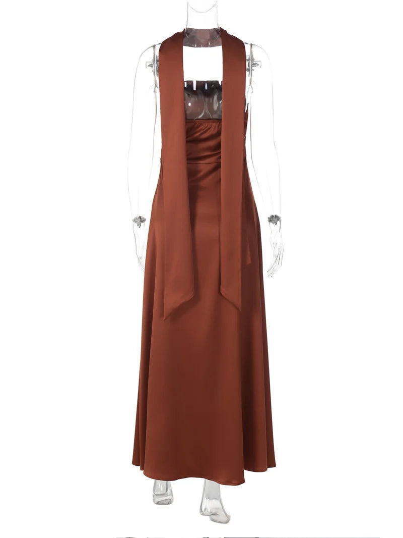 Mozision Off-shoulder Strapless Sexy Maxi Dress Women Gown Elegant Scarf Collar Sleeveless Backless Bodycon Club Party Dress