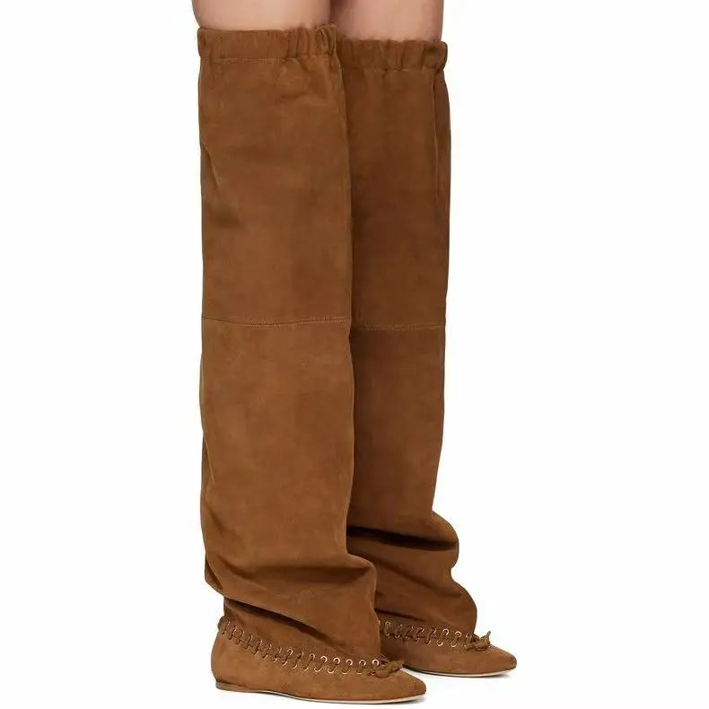 2025 Early Autumn New European and American Fashion Show Niche Fashion Slimming Wide Tube Height Increasing Pleated Pile Boots