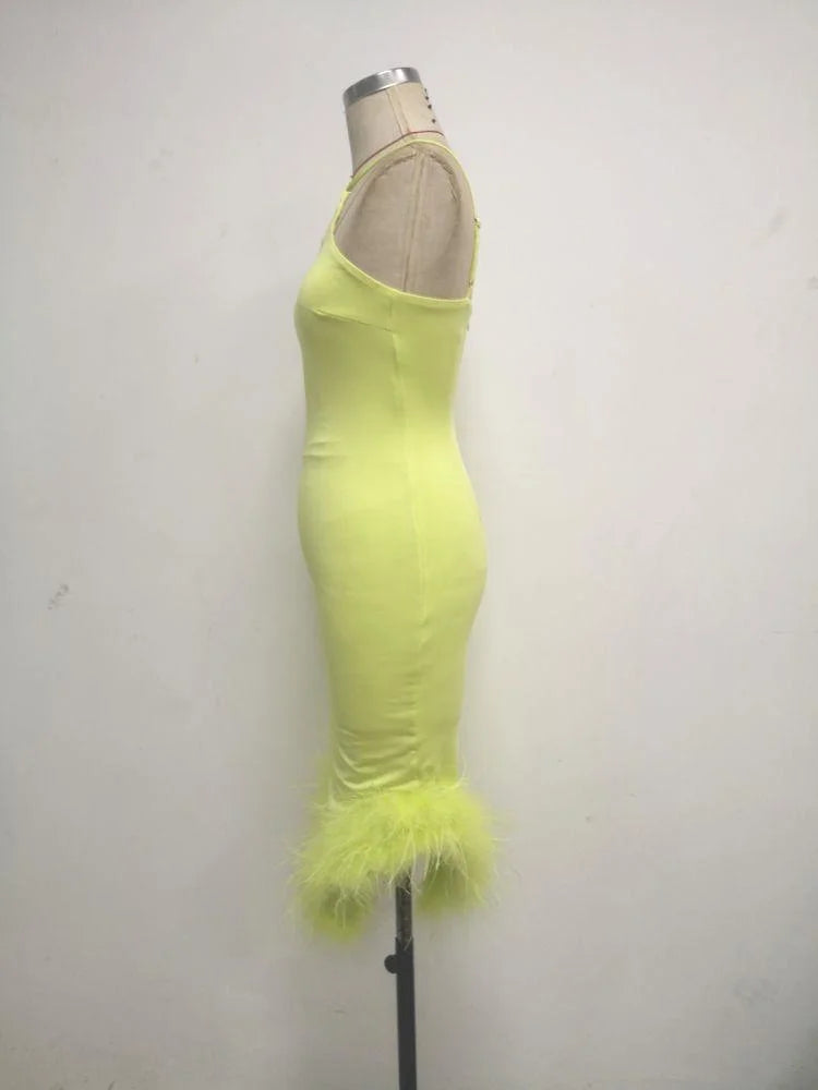 Mozision Elegant Spaghetti Strap Feather Midi Dress For Women Robe Fashion Sexy Backless Bodycon Club Party Dress Vestido