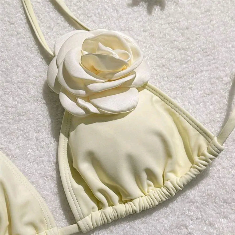 Sexy 3D Flower Black Triangle Bikinis Sets Micro Thong Swimsuit Women String Halter Bathing Suit Bikini 2025 Mujer Biquinis Swim