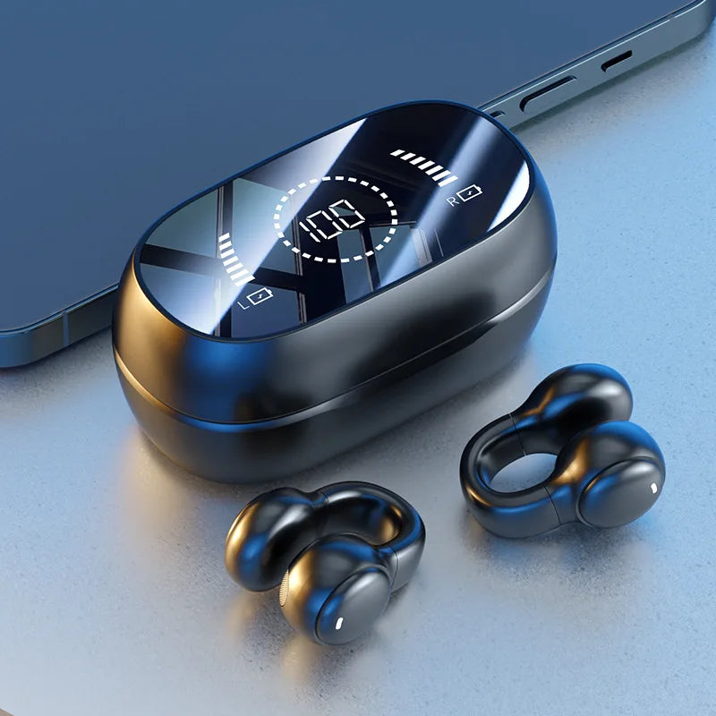 New Mirror Surface Digital Display Soft Silicone Ear Clip Wireless Bluetooth Headphones with Noise Reduction, High-Definition, Lossless for Sports