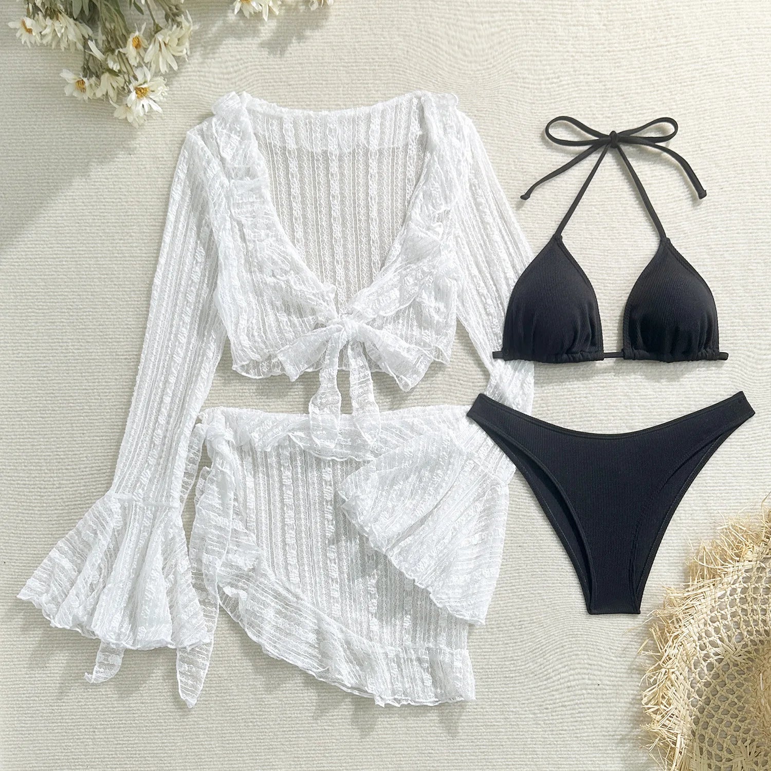 2025 new lace mesh four-piece swimsuit split bikini swimsuit