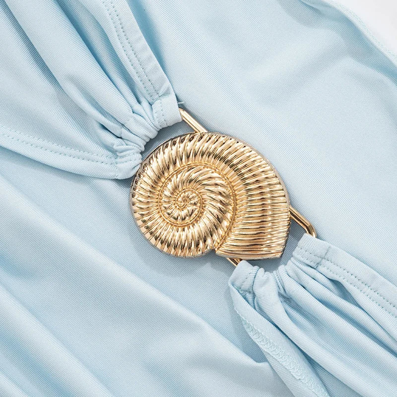 Mozision Metal Buckle Off-shoulder Sexy Mini Dress Women Robe Fashion Strapless Sleeveless Backless Bodycon Ruched Club Dress