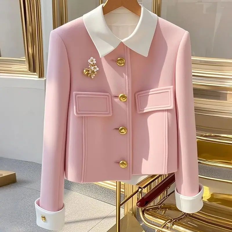 New Autumn And Winter 2025 Pink Padded Single-Breasted Women's Woolen Coat Unique Korean Version Temperament Ladies Jacket