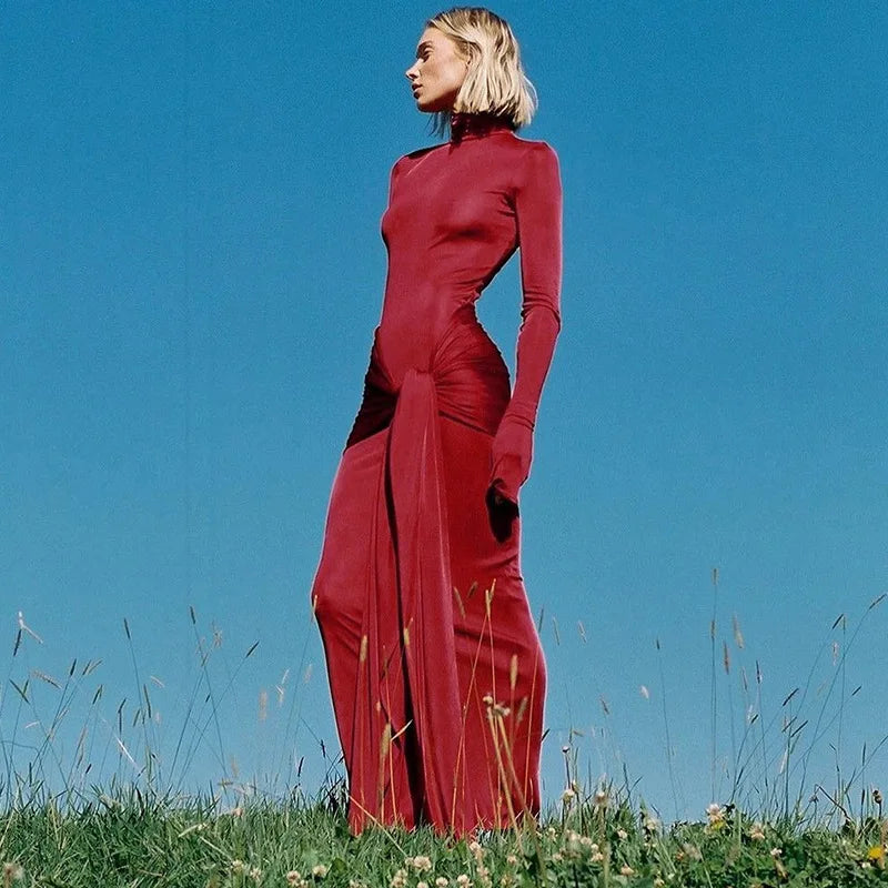 Hawthaw Women 2024 Spring Autumn Elegant Long Sleeve Party Club Streetwear Bodycon Red Long Dress Wholesale Items For Business