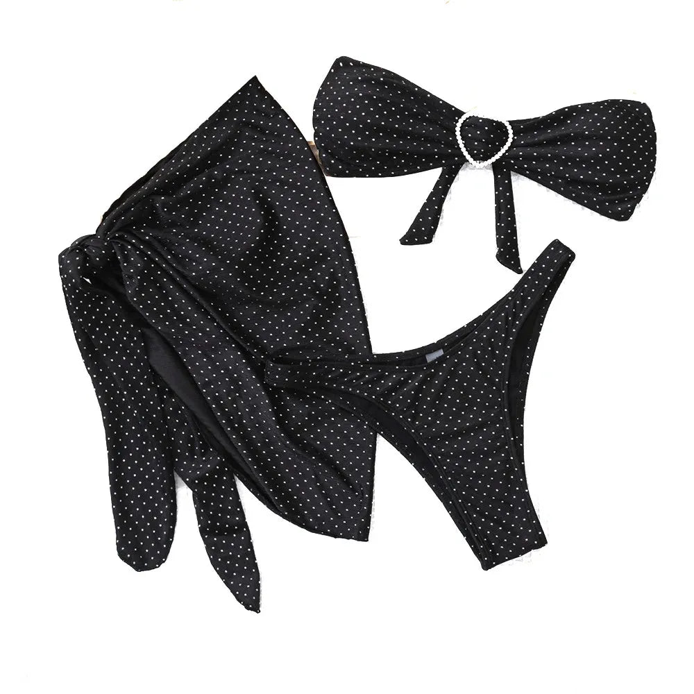 Sexy Black Shiny Swimwear with Sarong String Halter Triangle Bikinis Set 3 Piece Rhinestone Swimsuit Women 2025 Bather Beachwear