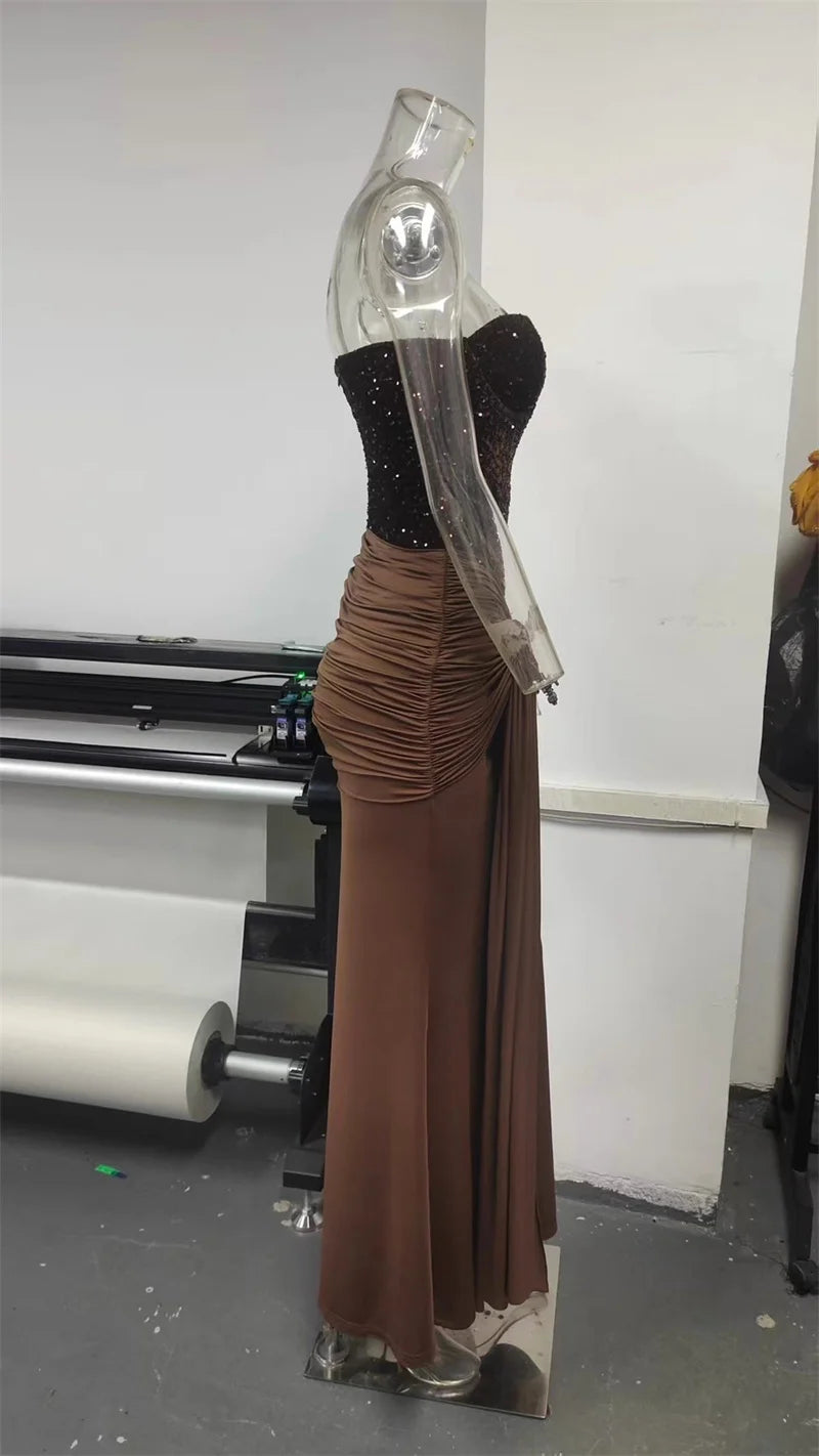 Mozision Sparkle Off-shoulder Sexy Maxi Dress Women Elegant Glitter Strapless Backless Sleeveless Draped Ruched Club Party Dress