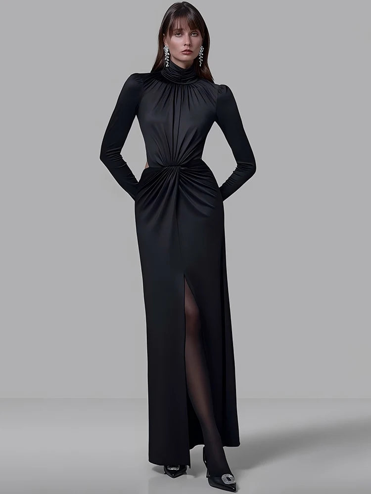 Mozision Turtleneck Backless Sexy Maxi Dress Women Gown Autumn Winter Elegant Long Sleeve Thigh High Split Club Party Long Dress