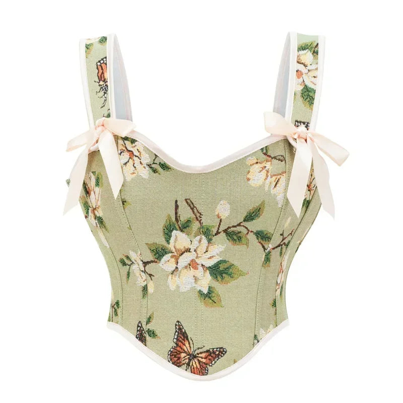 Vintage French Women Bustier Corset Sexy Lace-Up Floral Print Push Up Corset Top Party Clubwear Bodice Y2k Corselet Feminino Wofashion.xyz