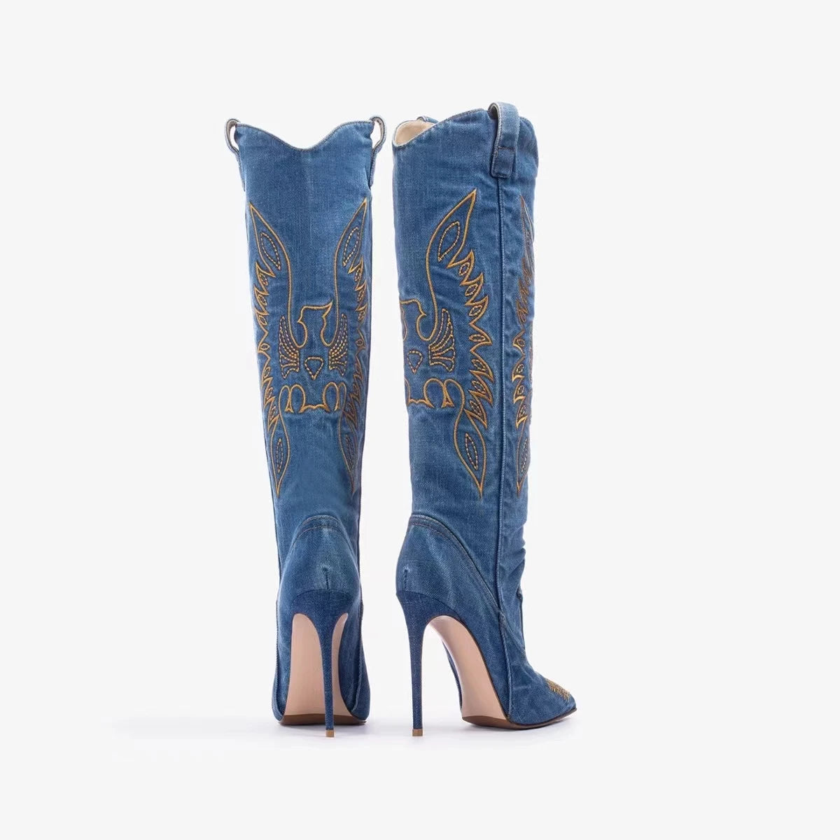 Women's Denim Western Cowboy Boots Pointed Toe Stiletto Heel, Sexy Embroidery Knight Runway Fashion Ankle Booties