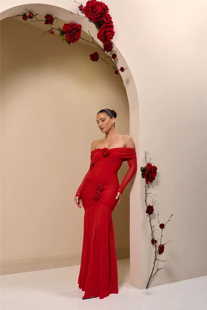 Mozision Off-shoulder Strapless Rose Sexy Maxi Dress For Women Fashion Long Sleeve Backless Ruched Bodycon Club Party Dress