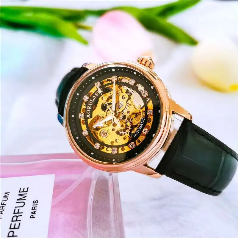 High-End, Luxurious, Elegant, Hollow-Out, Diamond-Encrusted, Fully Automatic Mechanical Watch for Women, with a Small, Fashionable, Simple Design, Luminous, Waterproof, Trendy for Female Students, the Best Gift for Her