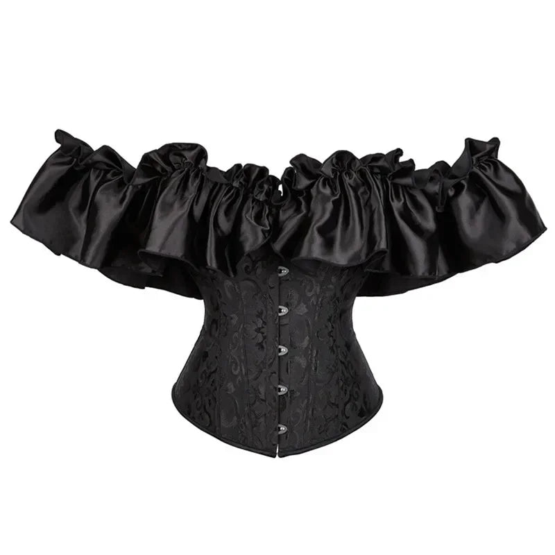 Shoulder Straps Brocade Corset Top Plus Size Women Bustier Overbust Sexy Lace up Floral Lingerie Vintage Victorian Fashion Black Wofashion.xyz