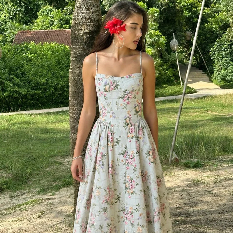 Mozision Spaghetti Strap Print Midi Dress Women Fashion Off-shoulder Sleeveless Backless A-line High Waist Pleated Long Dress