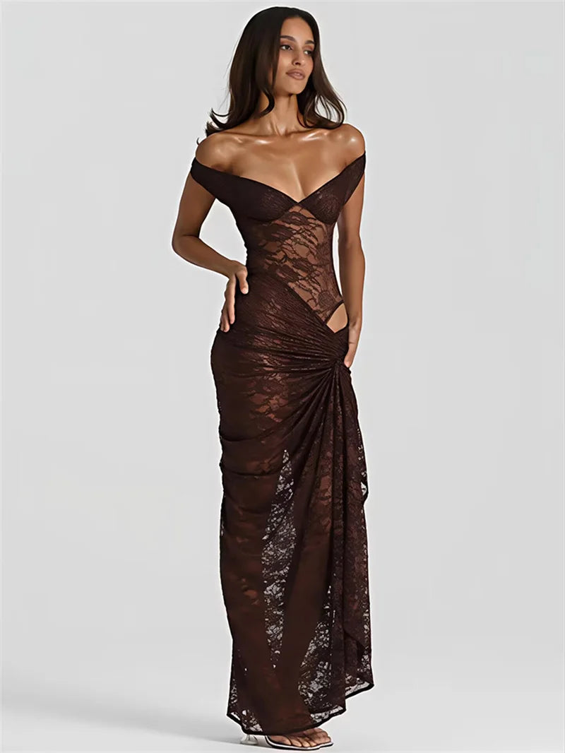 Mozision Lace See Through Sexy Two Piece Set Women Elegant Off-shoulder Backless Bodysuit And Maxi Skirt Matching Club Dress Set