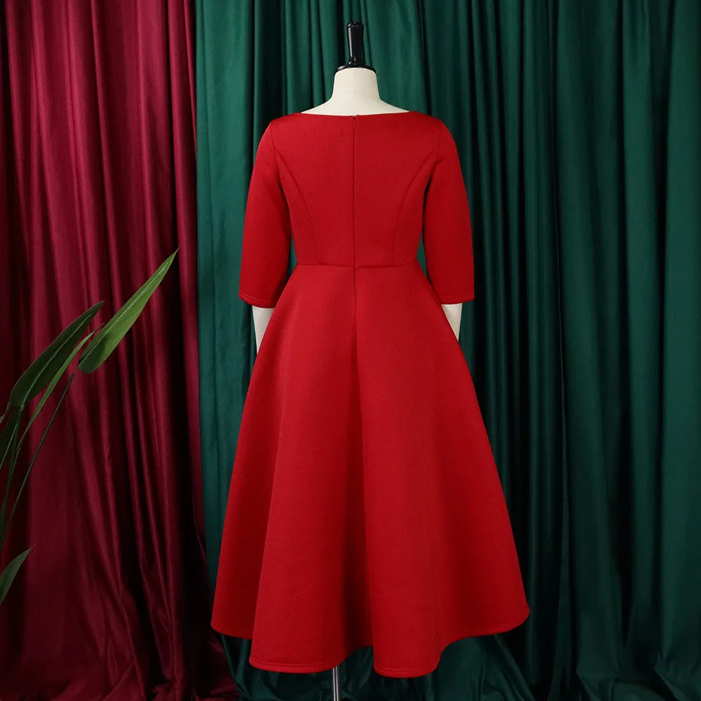 Elegant Party Dress for Woman 2024 Modern O Neck Three Quarter Sleeve High Waisted A Line Mid Calf Birthday Dinner Wedding Cloth