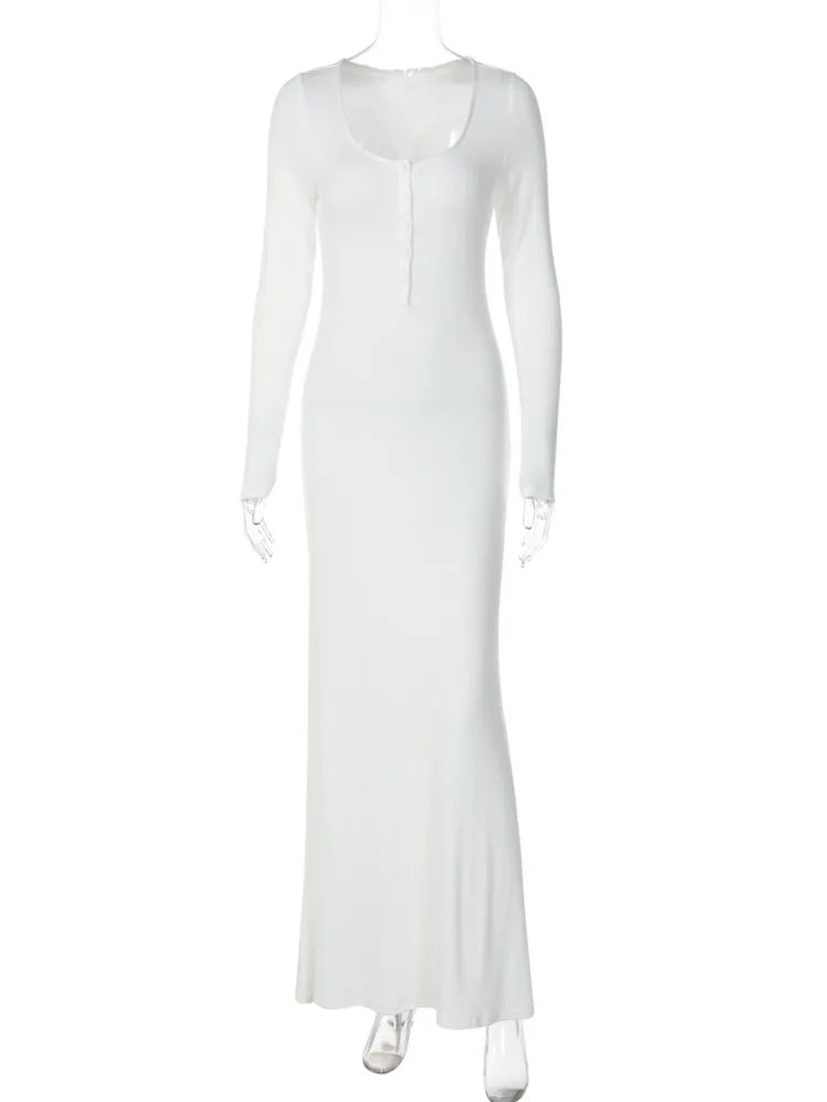 Mozision Square Collar Long Sleeve Sexy Maxi Dress For Women Autumn Winter White Single-breasted High Waist Bodycon Club Dresses