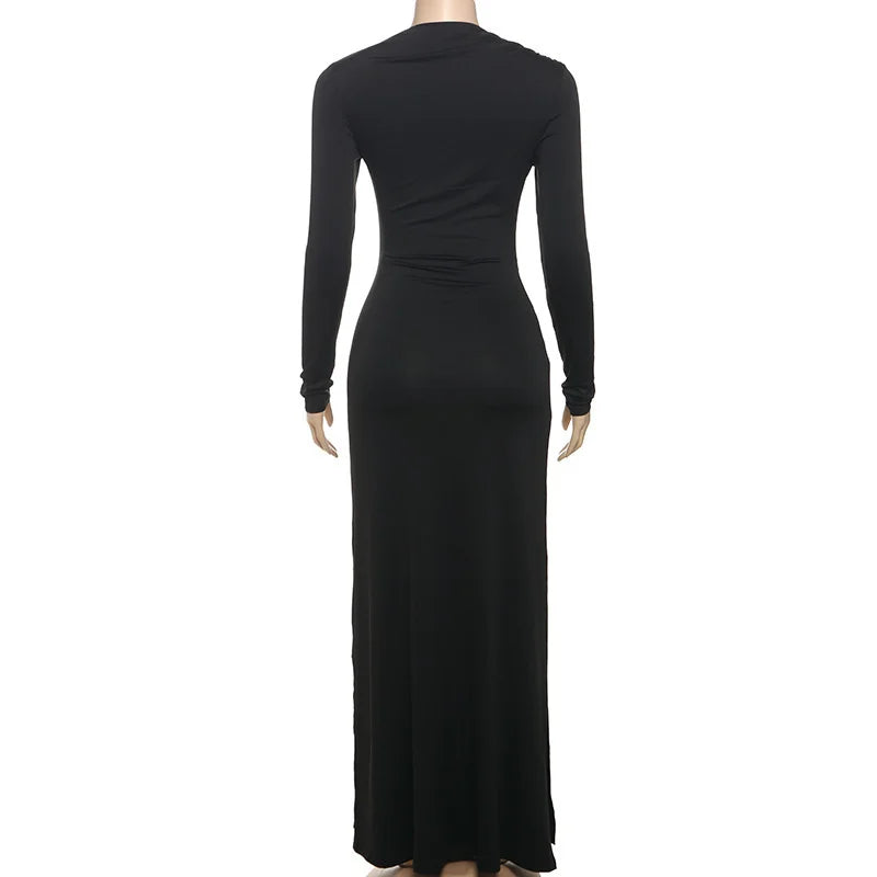 Mozision Elegant Long Sleeve Ruched Sexy Maxi Dress Women Gown Autumn Fashion Draped Bodycon Long Dresses Female Clothing