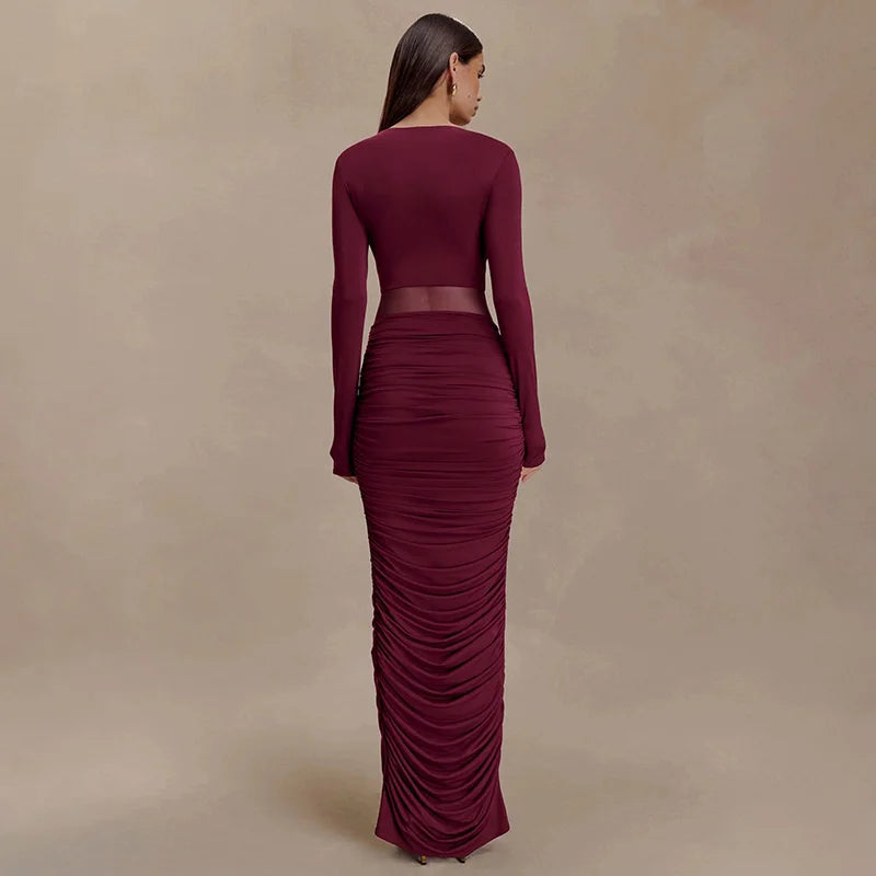 Blifanbo Elegan Deep V Neck Bodycon Maxi Dress Women High Waist Pleated Long Sleeve Solid Patchwork Club Party Long Dress Autumn