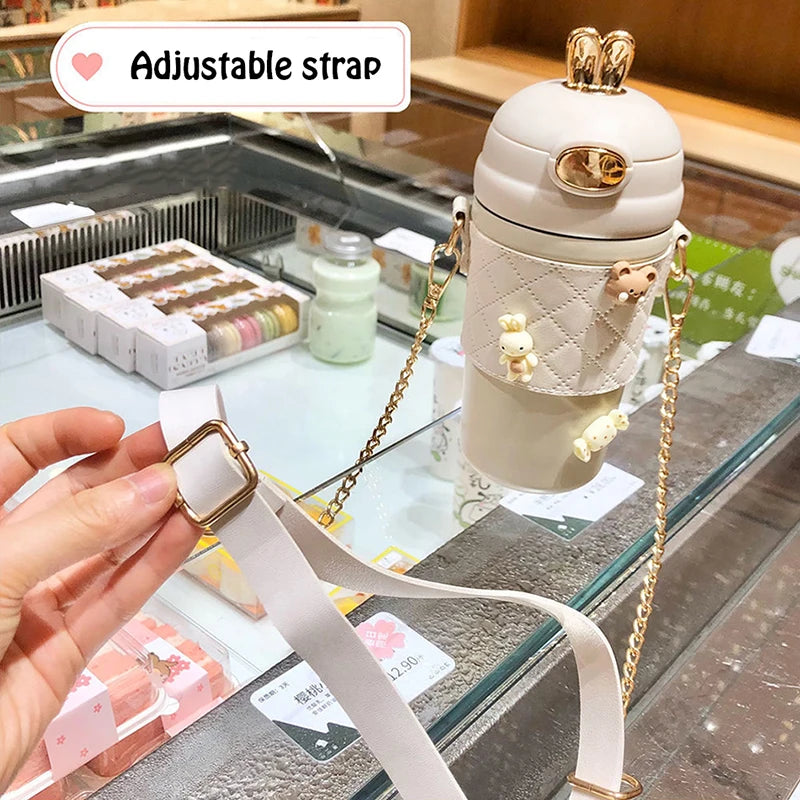 Ins Simple Fashion Plastic Water Bottle For Girls With Leather Sleeve And Strap Straw Adult Pregnant Women Portable Sippy Cups