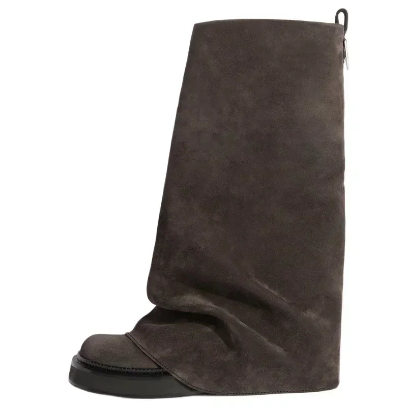 New Large Walled Flat Bottomed Round Toe Sleeve Knee High Pleated Women's Boots Retro Knight Boots Shoes for Women Wofashion.xyz