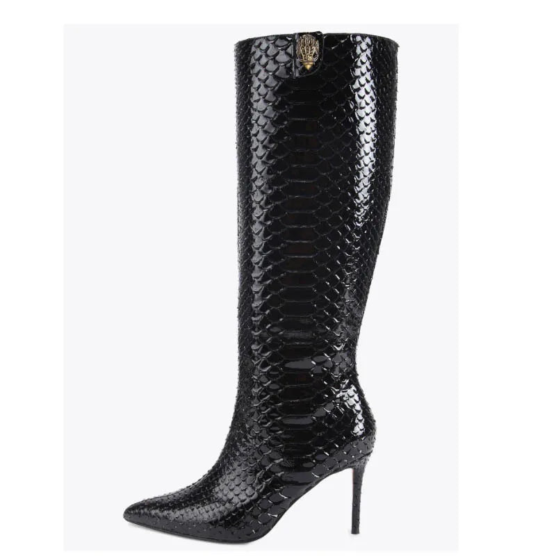 European and American Women's High-heeled Snake Patterned Pointed Side Zipper High Boots, Oversized Slimming Knee High Boots