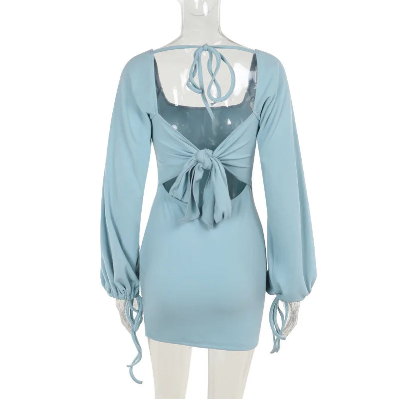 NIDANSSI Lantern Long Sleeve Backless Lace Up Autumn Dress Women Robes Elegant Evening Party Dress Bodycon Mini Dress Vestidos