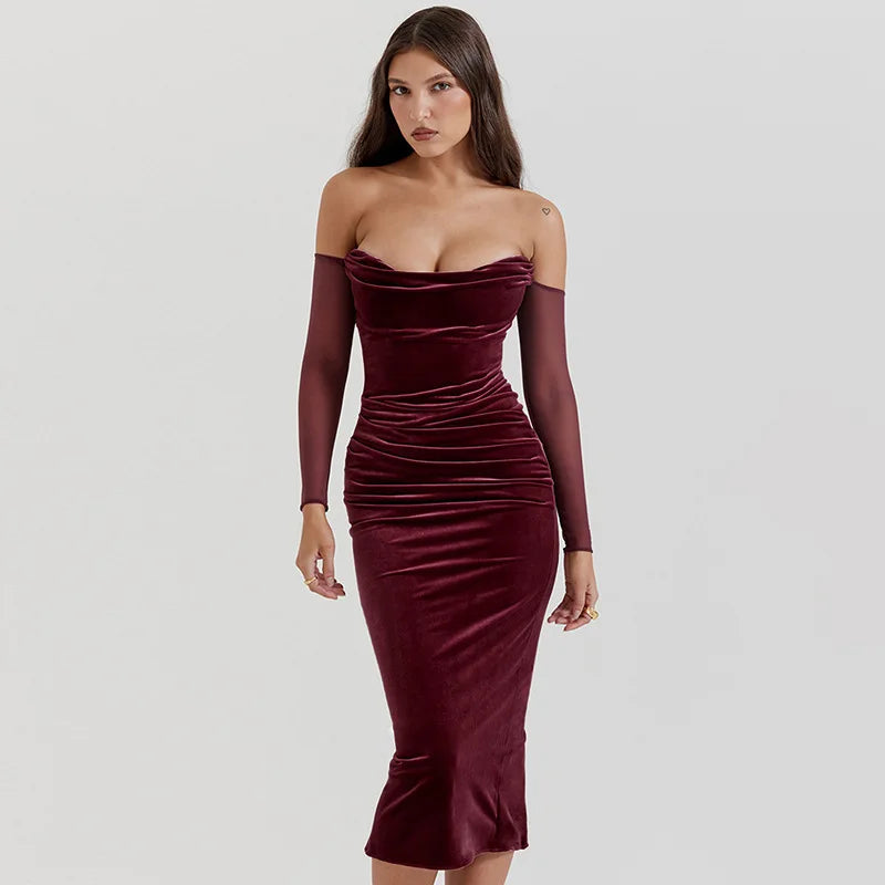 Christmas Velvet Backless Elegant Evening Club Party Dress Women Pleated Robes Sexy Dress Midi Bodycon Winter Dress Vestidos