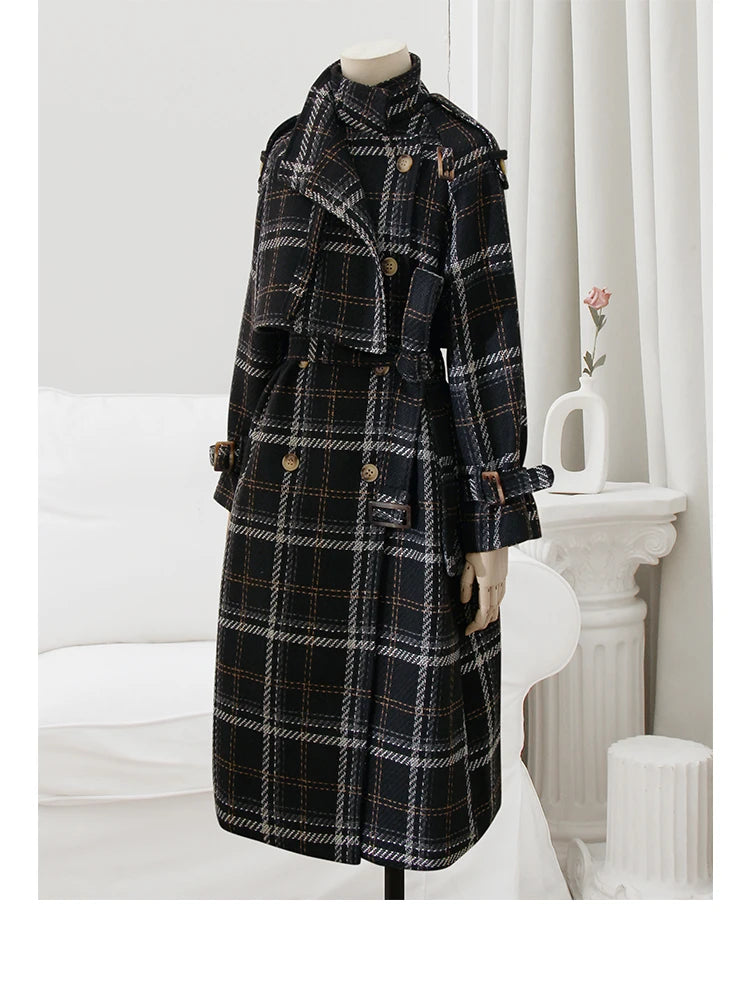 Lautaro Autumn Winter Long Loose Warm Plaid Wool Blends Trench Coat for Women Raglan Sleeve Belt Double Breasted Woolen Overcoat