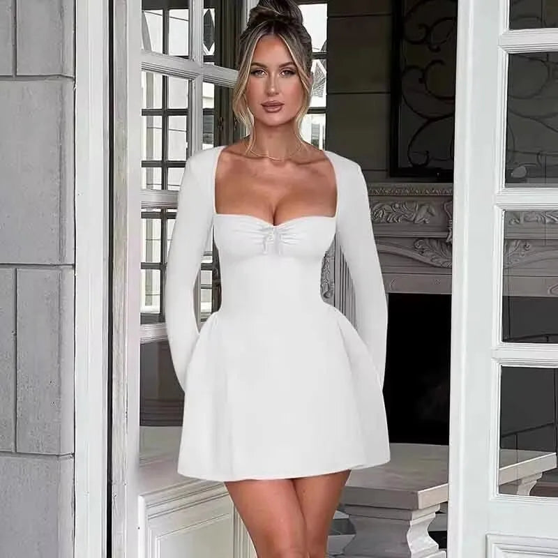 NIDANSSI Red Long Sleeve Evening Party Dress Women 2024 Pleated Robes Elegant Sexy Dress Bodycon Mini Winter Dress Vestidos