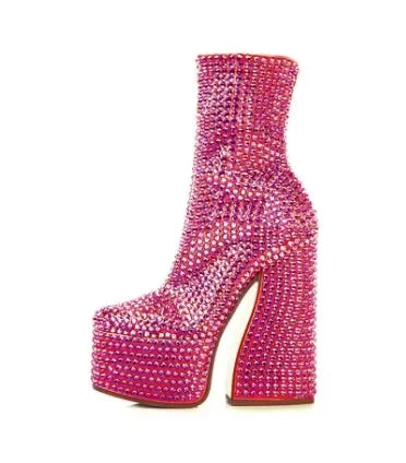 Women's European and American Fashion Super High Heel Short Boots Silver All Water Diamond Decoration Chelsea Short Boots