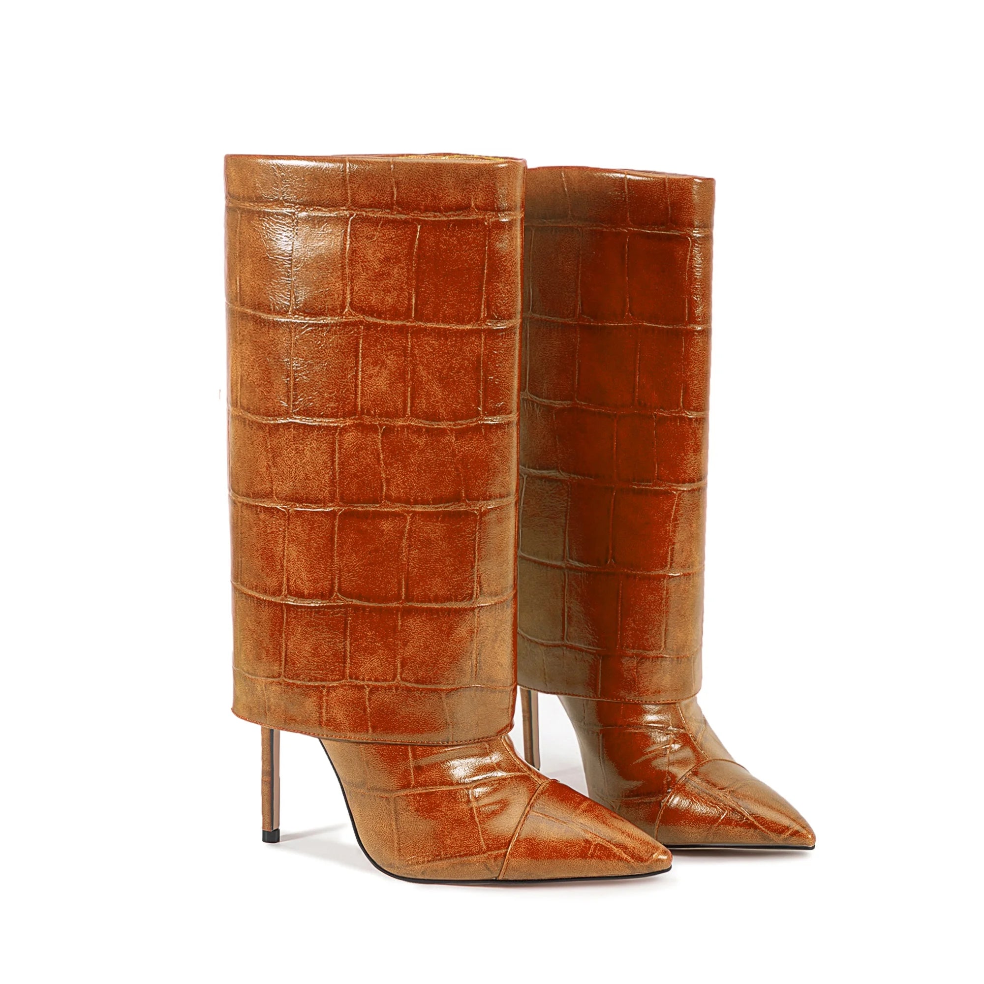 European and American Style High-heeled Wide Tube Sleeve Skirt Boots for Women, Niche Stone Patterned Fashion Banquet Shoes