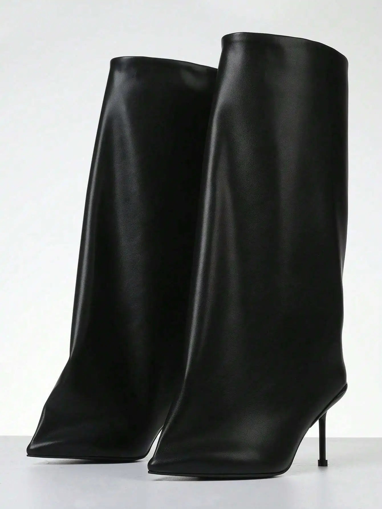 Knee High Slash Flare Boots For Women Fashion Stiletto High Heel Pointed Toe Pull On Pleated Slouchy Boots