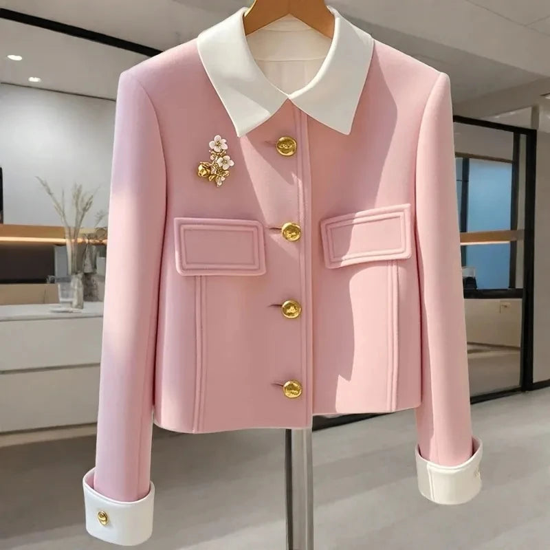 New Autumn And Winter 2025 Pink Padded Single-Breasted Women's Woolen Coat Unique Korean Version Temperament Ladies Jacket