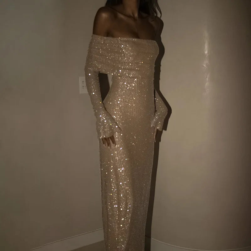 Mozision Elegant Strapless Sparkle Maxi Dress For Women Fashion Off-shoulder Backless Long Flare Sleeve Bodycon Club Party Dress