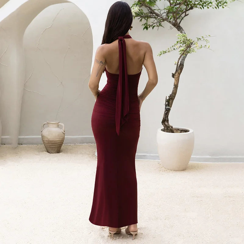 Mozision Hollow Out Halter Sexy Maxi Dress Women Gown Summer New See Through Mesh Sleeveless Backless Bodycon Club Long Dress
