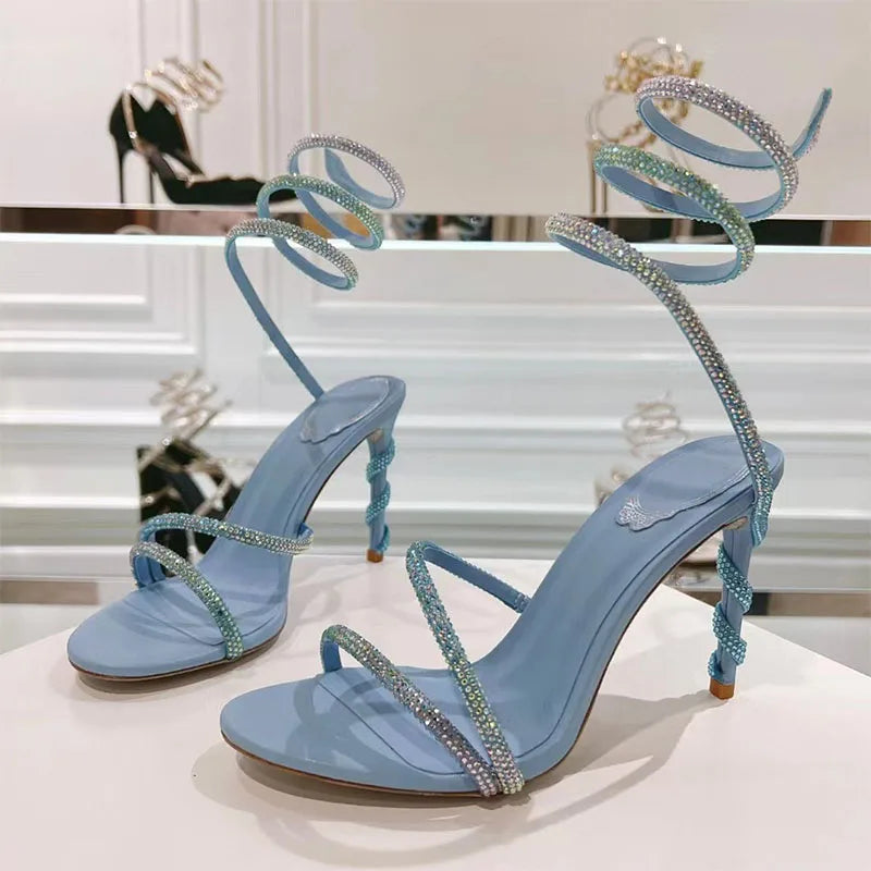 Luxury High Heels Sandals Woman Rhinestone Snake Twine Around Ankle Strap Wedding Shoes Stiletto Summer Gladiator Sandals Women