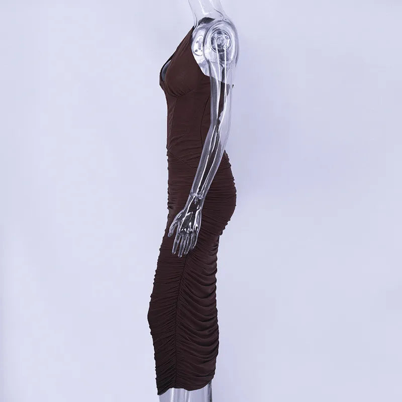 Mozision Elegant One Shoulder Ruched Midi Dress For Women Club Party Outfits Summer New Sleeveless Backless Bodycon Long Dress