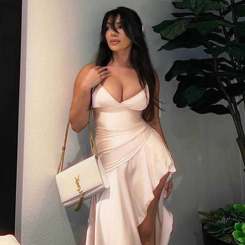 NIDANSSI Satin Ruffle Slim Backless Evening Party Dress Women Robes Bodycon Elegant Sexy Dress Midi Long Summer Dress Vestidos