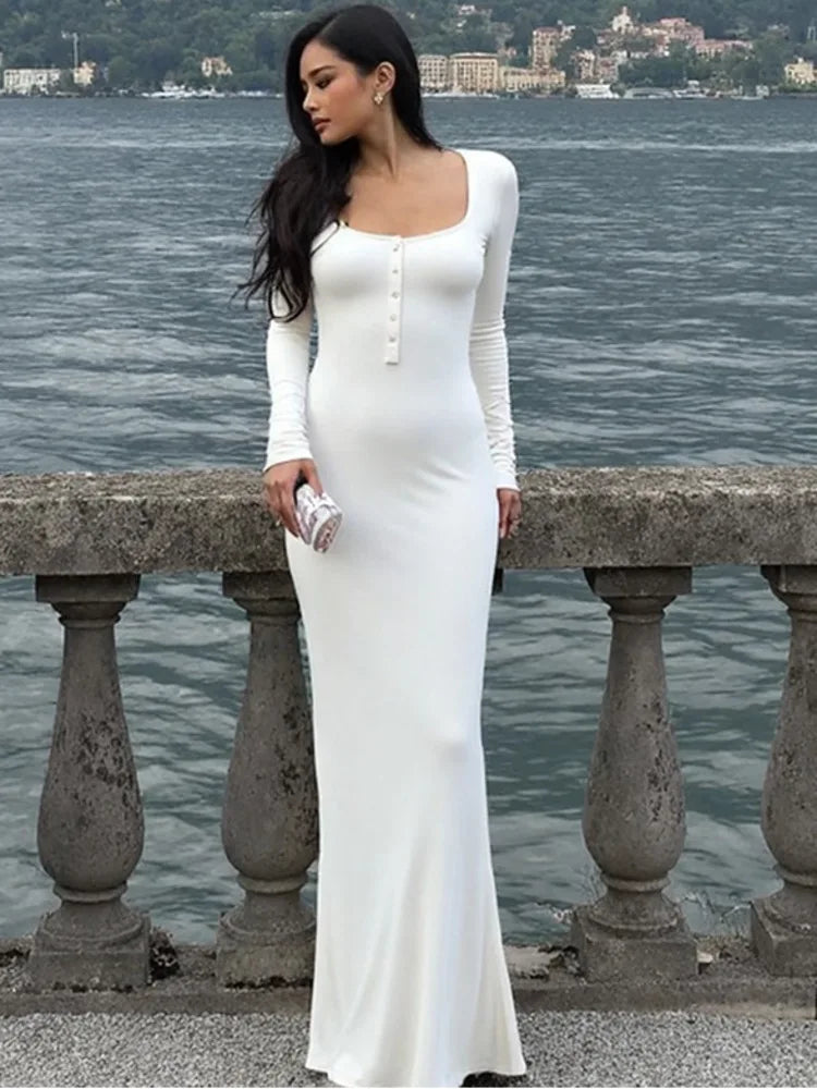 Mozision Square Collar Long Sleeve Sexy Maxi Dress For Women Autumn Winter White Single-breasted High Waist Bodycon Club Dresses