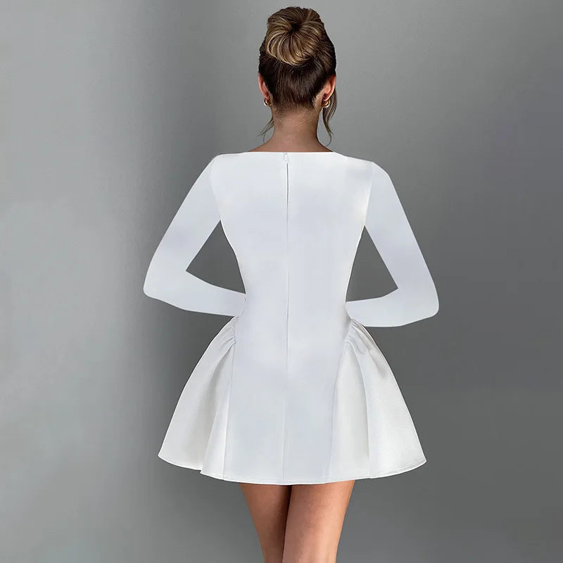 Mozision Elegant Long Sleeve Sexy Mini Dress For Women Solid O Neck High Waist A-line Bodycon Club Party Dress Clubwear New