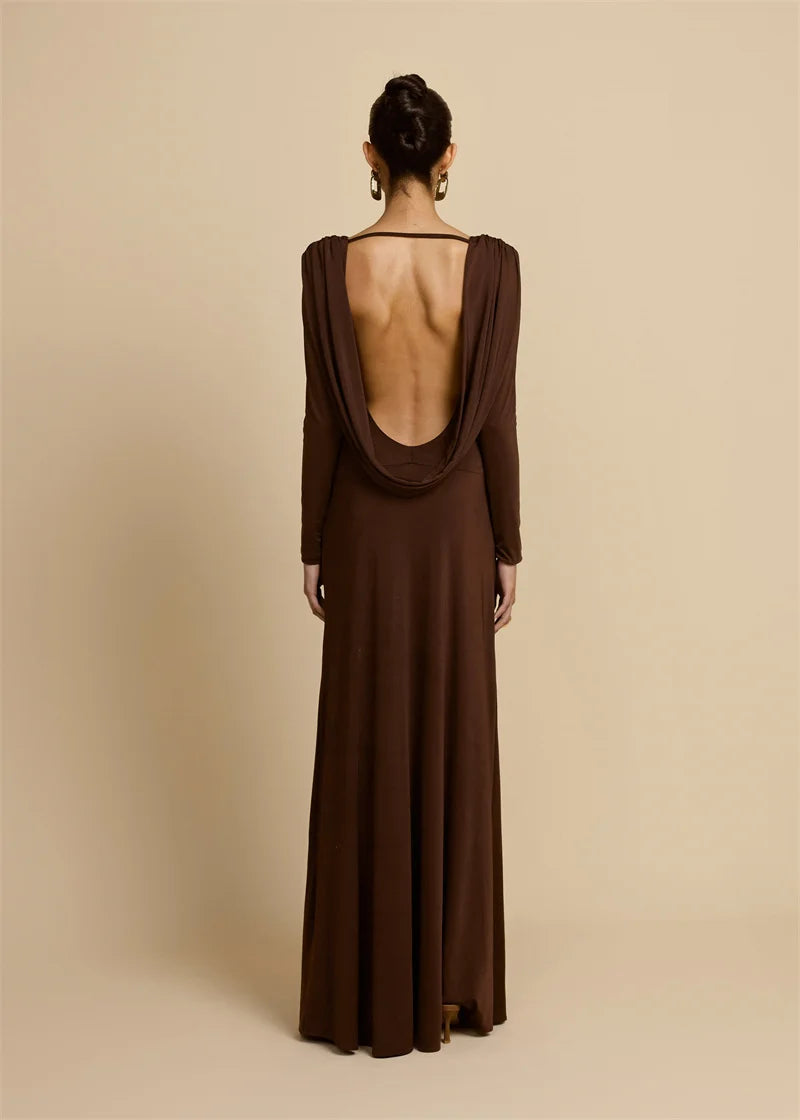Mozision Elegant Deep V Neck  Backless Sexy Maxi Dress For Women Brown Long Sleeve High Waist Ruched Club Party Long Dresses