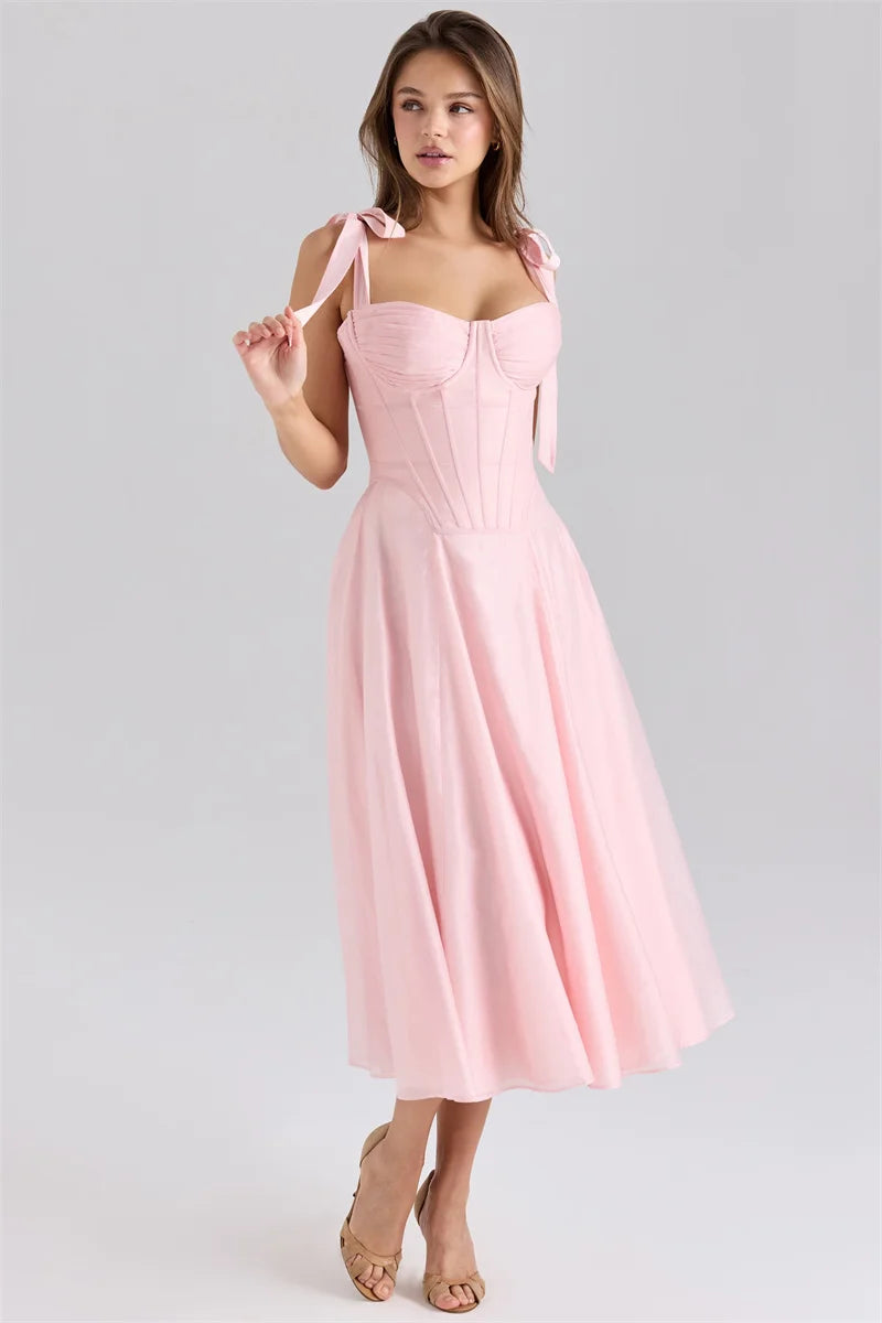 Mozision Pink Chiffon Tie Strap Sexy Midi Dress Women Pink Spaghetti Strap Sleeveless Backless Lace-up A-line Club Party Dress