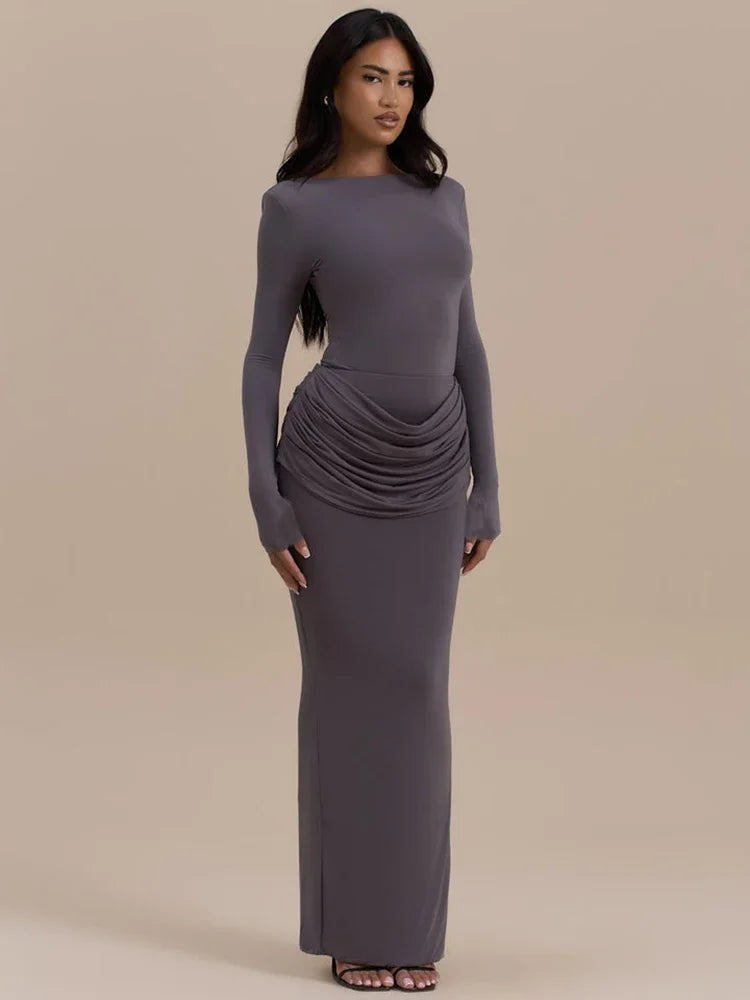 Long Sleeve Ruched Sexy Maxi Dress For Women Gown Autumn Winter New O Neck High Waist Bodycon Club Party Long Dresses
