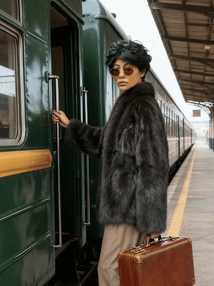 Lady Faux Fur Short Coat Women Lapel Hidden Button Full Sleeve Loose Warm Outwear 2025 New Winter Office Commute Overcoat New